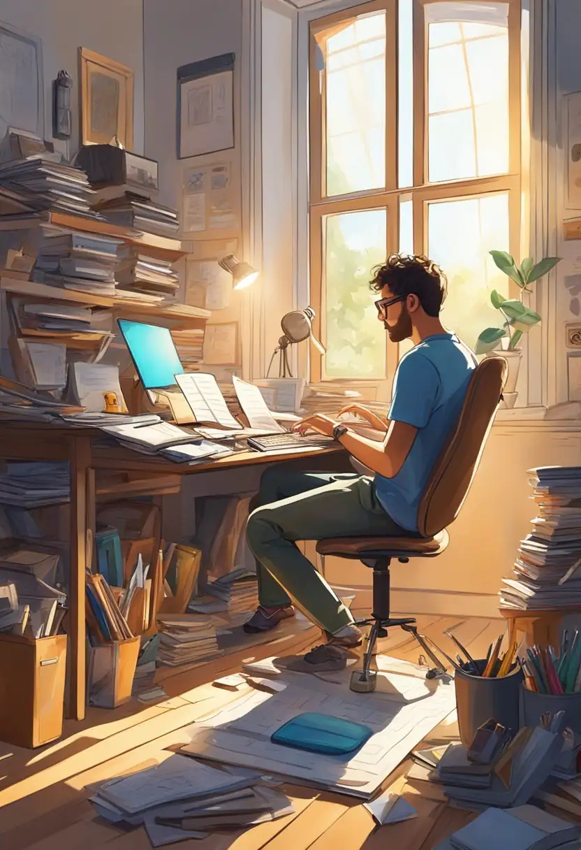 Een songwriter zit aan een een rommelig bureau en is bezig met het schrijven van tekst