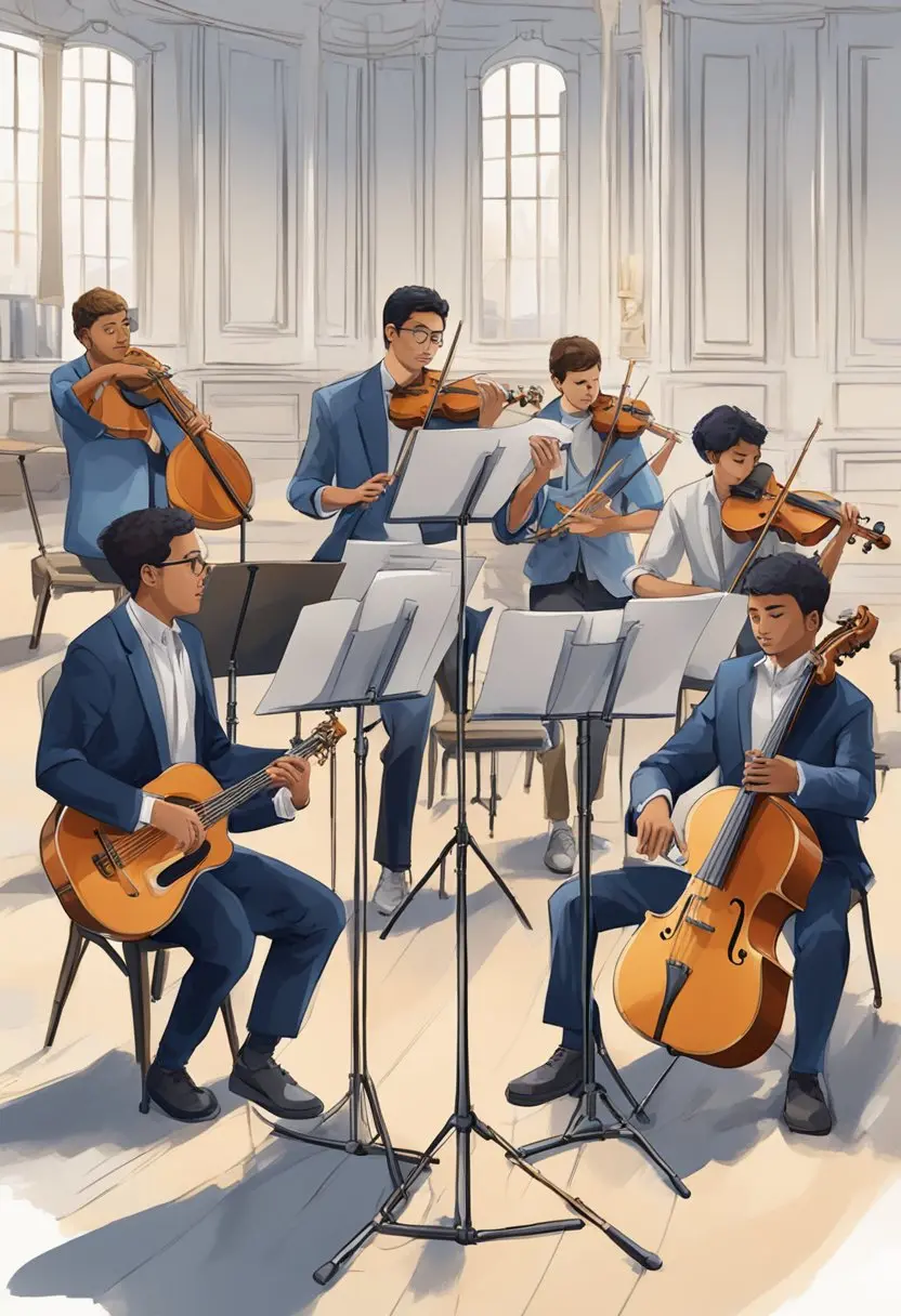 A group of musicians practicing their instruments in a studio, surrounded by music stands, sheet music, and various musical equipment