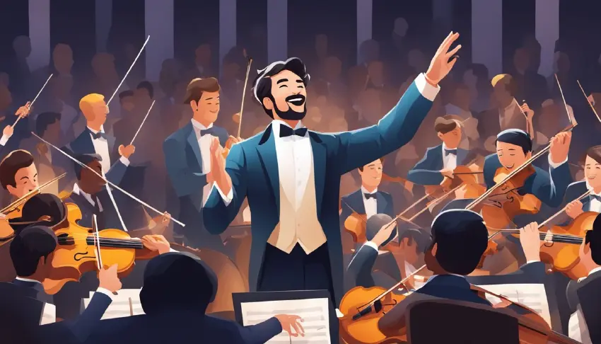 Een dirigent die een orkest leidt in een levendige uitvoering