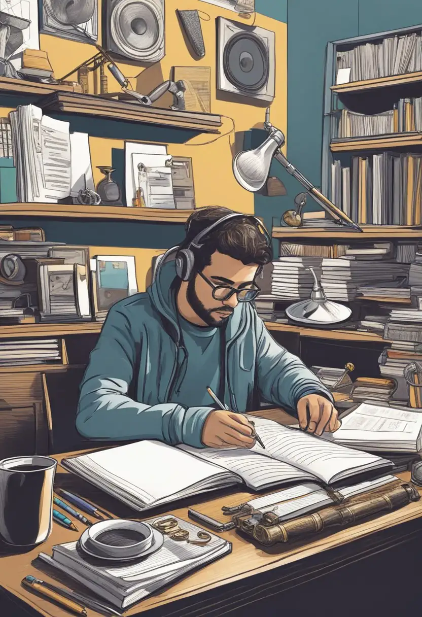 A musician sits at a desk surrounded by instruments and notebooks. They are deep in thought, pen in hand, as they jot down lyrics and melody ideas